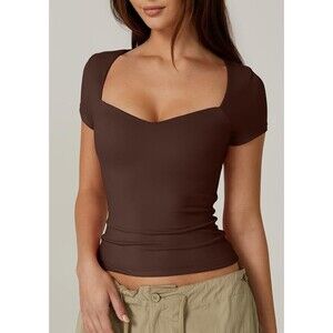 Chocolate Brown Bodycon Top Midriff Tee Minimalist Basic Clean Girl Medium
